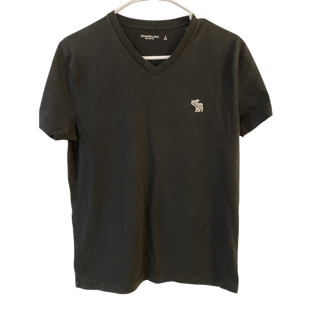 Abercrombie & Fitch Black V-Neck T-Shirt With Moose Logo Size S Cotton Blend